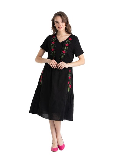 Kısa Kol Şile Bezi Lalezar Nakışlı Midi Boy Elbise Siyah Syh-siyah Siyah