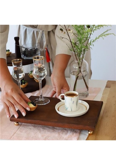 Akayev Ahşap 35x23 Cm Gold Altın Boncuk Ayaklı Sunum Tabağı Beyaz