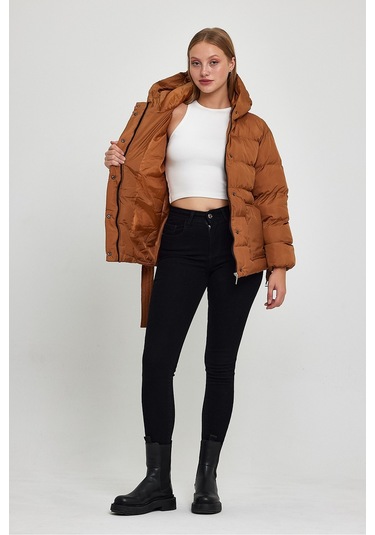 Alisse-kadın Taba Kapüşonlu Kemerli Şişme Mont Kaban Taba