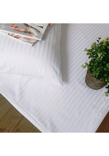 Nivora Çift Kişilik Çizgili Pamuk Saten Çarşaf 240x280 Mix & Match Otel Serisi Beyaz