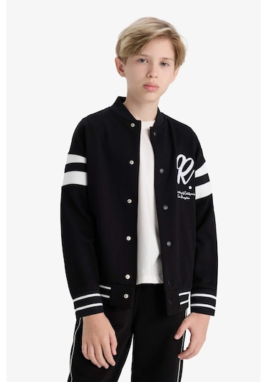 Defacto Erkek Çocuk Kolej Yaka Baskılı Bomber Hırka F2712a825aubk81 Siyah