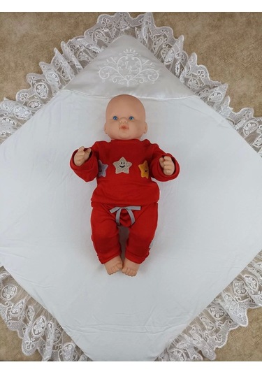 Yenidoğan Pırıltı Nakış Detaylı Lüks Kundak Bebek Battaniyesi Ekru Ekru