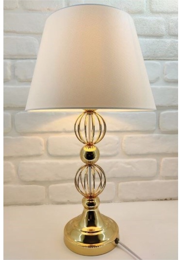 Gold Altın Renk Tel Toplu Metal Ayaklı Beyaz Şapkalı Abajur Altın - Beyaz