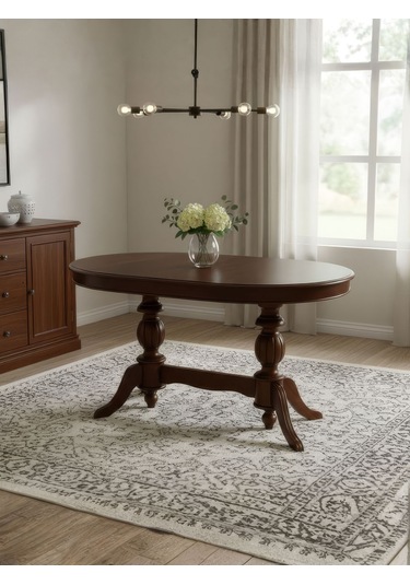 Montclair Çift Baba Ayaklı Masif Ahşap Oval Yemek Masası 90x140 Ceviz