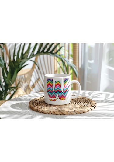 W Harfi Renkli Zigzag Desenli Kupa Bardak - Afrika Tarz Etnik Tasarım Kupa - Kişiye Özel Beyaz