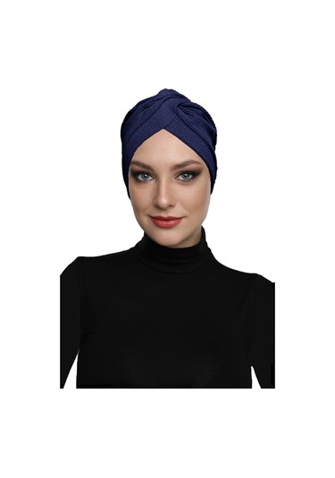 Çapraz Fitilli Penye Lacivert Hazır Türban Tesettür Havuz Bonesi Lacivert