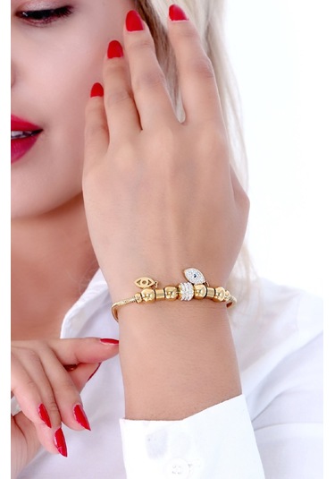 Kadın Taşlı Gülen Yüz  Çelik Bileklik Altın Kaplama Altın