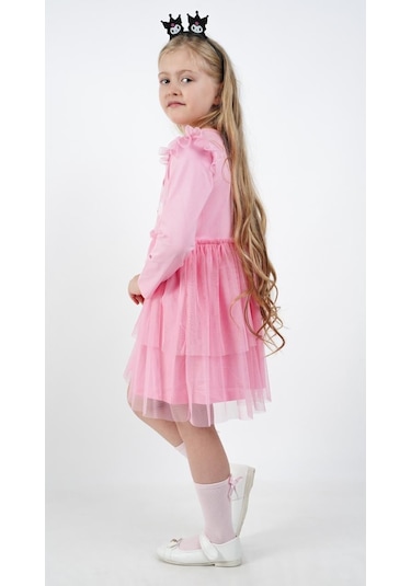 Kuromi Pembe Tül Detaylı Kız Çocuk Elbisesi Pembe