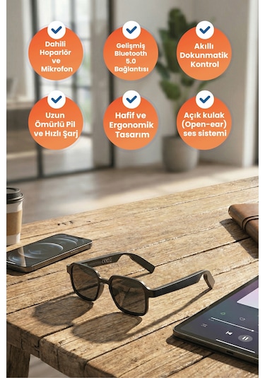 E13 Bluetooth Akıllı Ses Gözlüğü Smart Audio Glasses Dahili Hoparlör Dokunmatik Kontrol