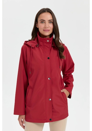 Desen Triko Kadın Kapüşonlu Yan Cepli Kısa Trençkot 24417 Kiremit Kiremit