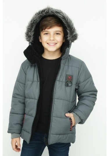 Erkek Çocuk İçi Peluş Astarlı-kürk Kapüşonlu-fermuarlı Mont 12369 Gri
