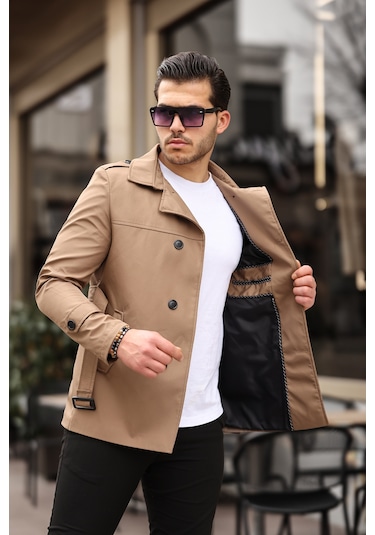 Mero Life Erkek Taba Mevsimlik Astarlı Kemerli Kruvaze Trençkot Taba