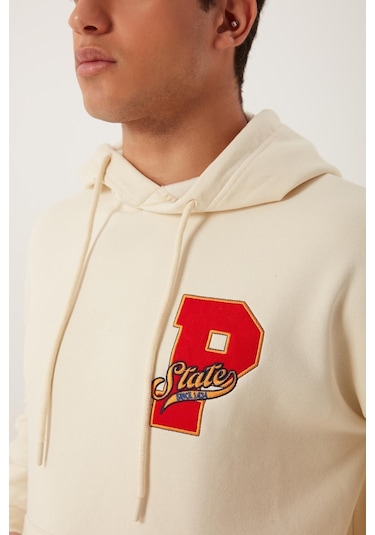 Polostate Erkek Kapüşonlu 3 İplik Sweatshirt Ekru