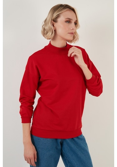 Lela Pamuklu Dik Yaka Basic Örme Bayan Sweat 5863323 Kırmızı
