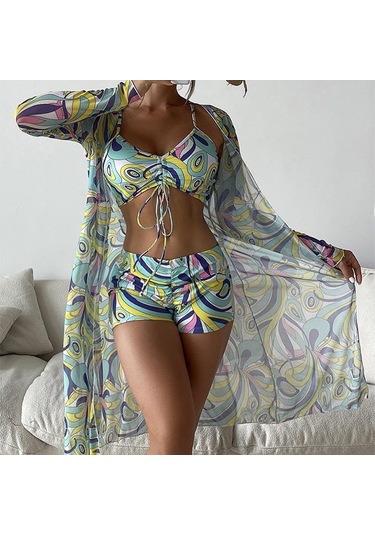 Kadın Mayo Yüksek Bel Bikini Seti Üç Adet Kadın Uzun Kollu Cover Up Mayo Plaj Mayo Yeşil