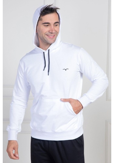 Mecit 2975 Beyaz %100 Pamuk Kapüşonlu Spor Model Büyük Beden Erkek Pijama Takımı Beyaz