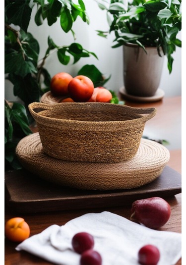 1 Adet Hasır Örgülü Bej Şeritli Organizer & Ekmeklik Hasır