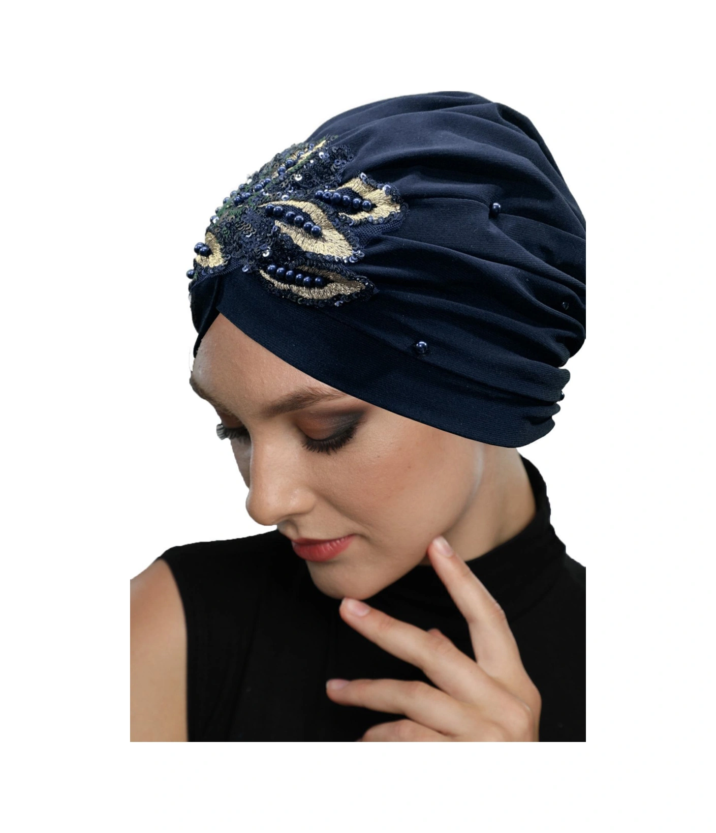 Kopma Astarlı Işlemeli Lacivert Payetli Yaprak Motifli Hazır Türban Tesettür Abiye Bone Lacivert Yaprak