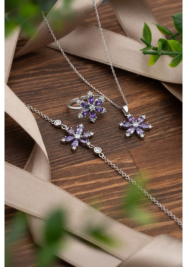 925 Ayar Ametist Taşlı Rodyum Lotus Çiçeği 3'lü Gümüş Set Gümüş