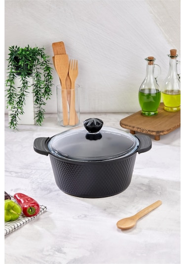 Cooker Kristal Serisi Döküm Granit Silikon Saplı 28 Cm Derin Tencere Siyah
