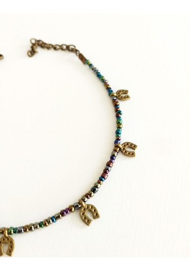 Başka Sanatlar H169 Nal Sembollü Boncuklu Halhal Lacivert - Antik Sarı