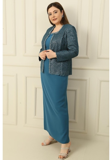 Yaka Taşlı Astarlı Uzun Krep Elbise Pullu Ceket Büyük Beden 2'li Takım-34876 Petrol Mavisi