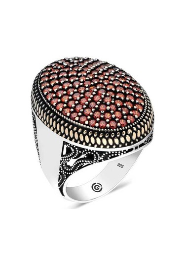 Gumush 551186382 Gümüş Kırmızı Zirkon Taşlı Oval Erkek Yüzük