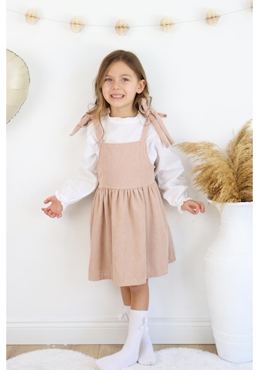 Fitilli Kadife Elbise İkili Takım Bej