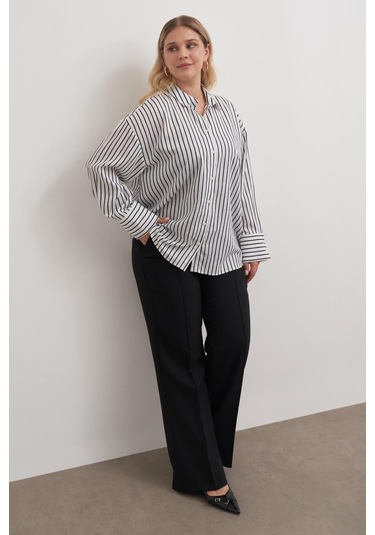 Parıltılı İplikli Çizgili Gömlek-3360 Beyaz