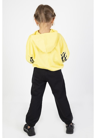 Kız Çocuk İki İplik Kumaş Orta Kalınlıktaa Baskılı Örme Basic Eşofman Takımı Sarı
