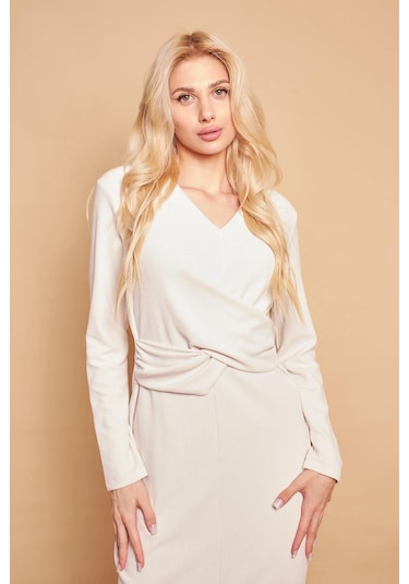 V Yaka Önü Çapraz Önden Yırtmaçlı Diz Altı Hafif Likralı Triko Elbise-şampanya Şampanya