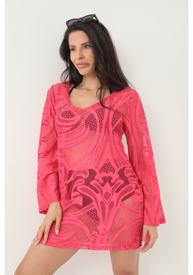 Kolları Volanlı Elbise Fuşya