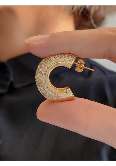 Yarım Halka Boru Model Full Taşlı Elegant Altın Kaplama Gold Renkli Çelik Küpe Gold