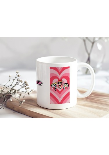 Powerpuff Girls Kalpli Pembe Desenli Kupa Bardak - Kız Gücü Temalı Hediye - 3lü Grup Beyaz