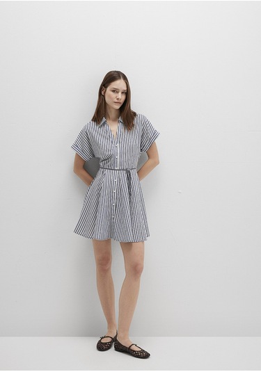 Mavi - Çizgili Beli Bağcıklı Mini Elbise 1310763-91086 Lacivert