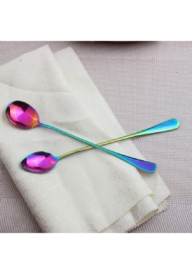 Dancemonkey 2 Adet Paslanmaz Çelik Gökkuşağı Uzun Saplı Kahve Kaşığı Çok Renkli