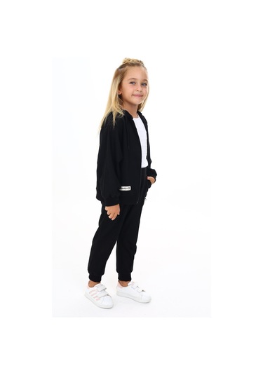 Toontoy Kız Çocuk Yarasa Kol Armalı Eşofman Takım Siyah