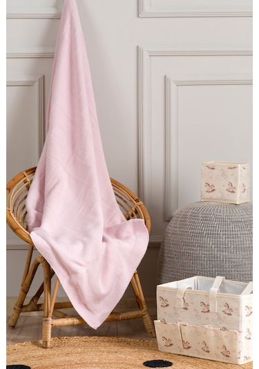 Toffy Toz Pembe Harf İşlemeli Örgü Bebek Battaniyesi 100x100 Pembe