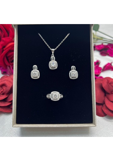 Kare Kadın 3'lü Set 925 Ayar Gümüş Zirkon Taşlı Gümüş