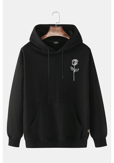 Unisex Siyah Kapüşonlu Gül Baskılı Slim Fit Kanguru Cepli Sweatshirt Siyah