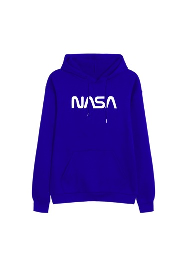 Unisex Siyah Nasa Baskılı Kapüşonlu Sweatshirt Mavi