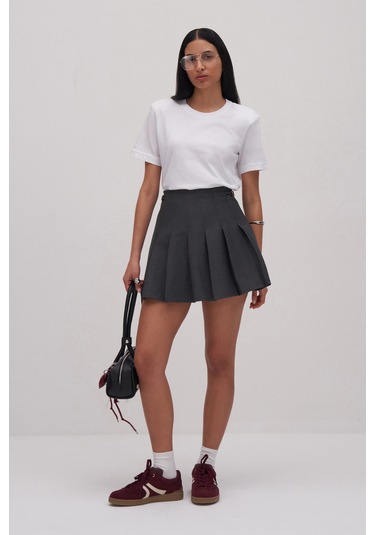 Volanlı Mini Etek Gri
