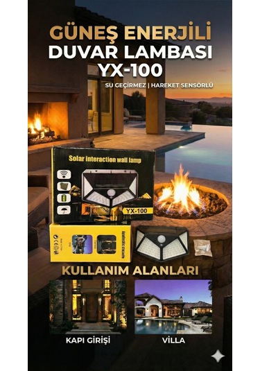 100 Led Dış Mekan Solar Aydınlatma Fotoselli Solar Lamba Hareket Sensörlü Altın