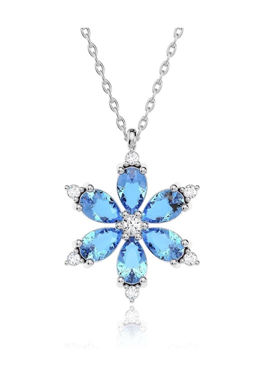 Işıklı Kutuda Aqua Taşlı Lotus Çiçeği Beyaz Gümüş Kolye Gümüş