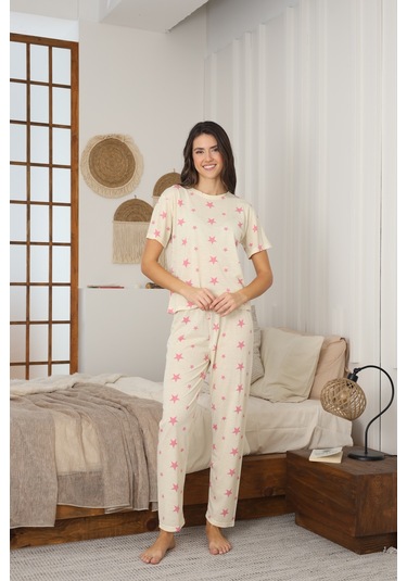 Kadın Yazlık Kısa Kol Penye Süprem Kumaş Pijama Takımı Sarı Yıldızlı