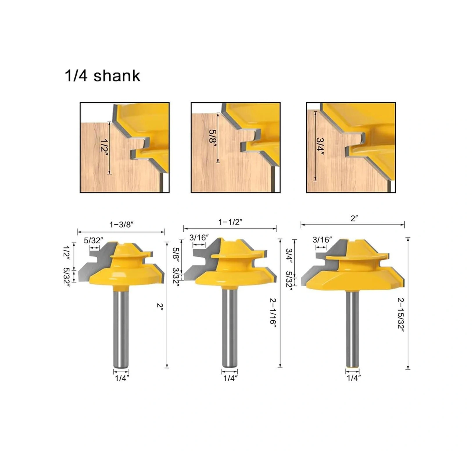Hombey Ahşap Panel İçin 3'lü Set: 45 Derece Konşekür Bıçağı, Dilimleme Ve Birleştirme - 1/4 İnç Saplı Yg8 Alaşımlı Uç