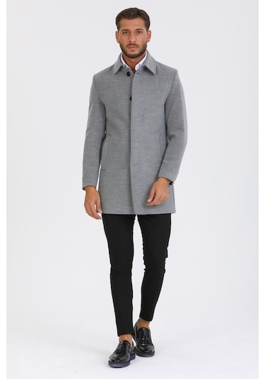 Erkek Açık Gri Dar Kesim Yün Karışımlı Kaşe Gömlek Yaka Kaban-Açık Gri