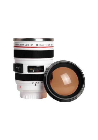 Kosona Kamera Lens Tasarım Termos Bardak, 400ml Paslanmaz Çelik, Dökülme Engeli, Fotoğraf Severler İçin, Beyaz Beyaz
