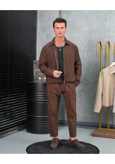 Modefendi Düz Kumaş Oversize Fermuarlı Alt Üst Jogger Takım Kahverengi