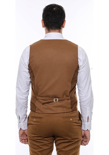 Kareli Desenli Kruvaze Kahverengi Erkek Yelek 001